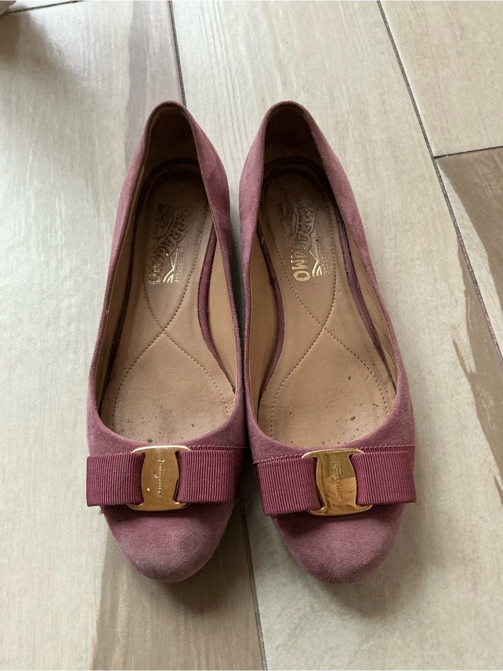 Salvatore Ferragamo Mauve Suede Bow Flats with Gold Logo Plaque